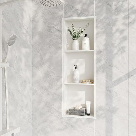 Neodrain 12X36 Inch Shower Niche, White 3-Tier Stainless Cubby NO Tile Needed Recessed Niche Shower for Bathroom Storage, Waterproof Wall Shelf