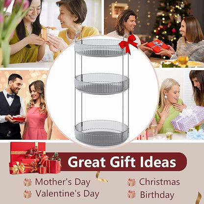 360° Rotating Makeup Organizer, Bathroom Make Up Spinning Holder Rack, Large Capacity Cosmetics Storage Vanity Shelf Countertop, Fits Cosmetics, Perfume, Skincare, Lipsticks(3 Tiers, Gray)