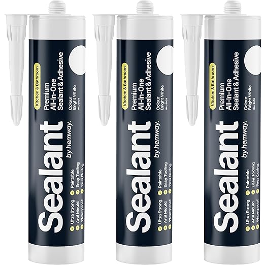Bright White Kitchen & Bathroom Sealant & Adhesive Hybrid Polymer | Superior to Silicone Caulk Sealant | Waterproof, Odorless, Paintable | Ideal for Around Bathtub, Shower, Kitchen - 300ml 3 Pack