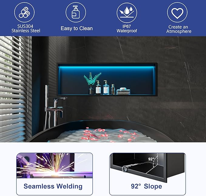 RGB LED Light Shower Niche, Matte Black 36X12 in Stainless Steel Wall Niche with Remote Control, Waterproof No Tile Needed Wall Niche for Bathroom Storage Over Mount Installation
