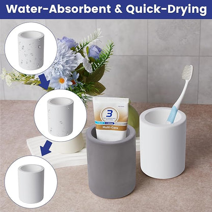 Drying Stone Toothbrush Holder, Diatomite Toothbrush Cup for Bathroom Counter, Quick Drying Electric Toothbrush and Toothpaste Holder Bathroom Organizer, White