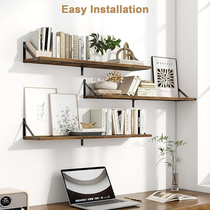 Fun Memories Long Wall Shelves for Bedroom, Set of 3 Large 40-Inch Floating Bookshelves, Rustic Wood Display Shelf for Home and Office (Rustic Brown)