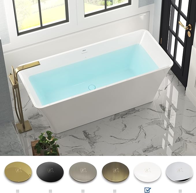 FerdY Sentosa 67" Acrylic Freestanding Bathtub, Contemporary Design Soaking Tub with Polished White Drain and Minimalist Linear Design Overflow, Easy to Install