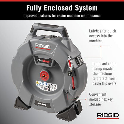RIDGID 76193 FlexShaft K9-102+ Drain Cleaning Machine for 1 1/4-2" (32-50 mm) Pipes with 50' (15,2 m) 1/4" (6 mm) Cable and Kit