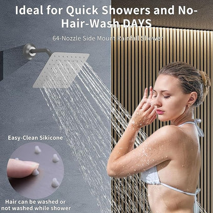 Bathroom Rainfall Shower System Wall Mount 8 Inch Shower Head With Handled Spray 6 Pcs jets Temperature Display Shower Faucet Set (Brushed Nickel)