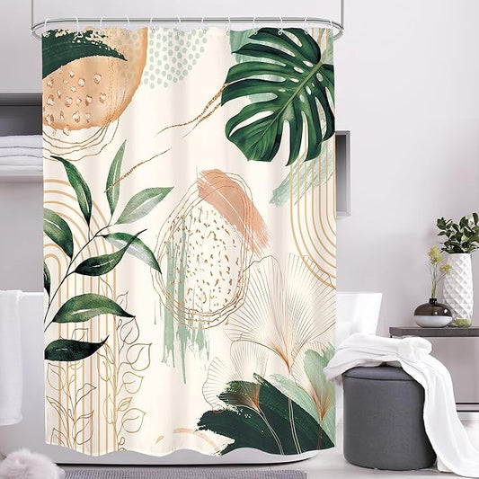 Boho Shower Curtain 48Wx72H Small Stall Narrow Abstract Mid Century Tropical Green Leaves Plant Palm Modern Geometric Arch Bathroom Decor Botanical Bath Curtain Fabric Polyester 8 Pack Hooks