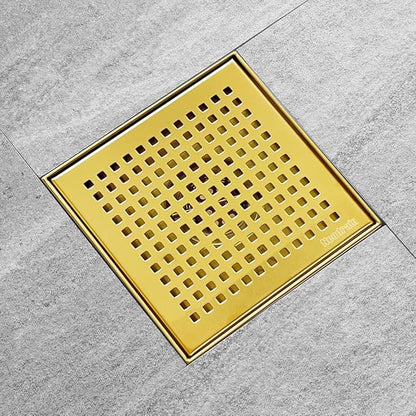 Neodrain 6 in Brushed Brass Square Shower Drain with Removable Quadrato Pattern Grate, PVC Shower Drain Base and Rubber Gasket, Gold 6" Square Drain with CUPC Certified, Golden Hair Strainer