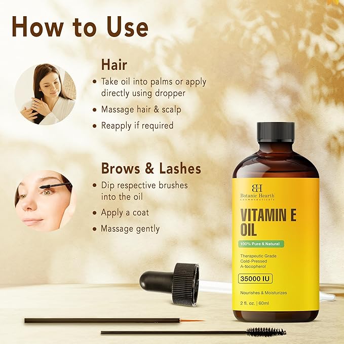Botanic Hearth Vitamin E Oil (Glass Bottle 2 Fl Oz) | 100% Pure and Natural Oil for Growth of Nails, Hair, Eyebrows & Eyelashes | 35,000 Iu | Hair & Body Oil with Eyebrow & Eyelash Brush