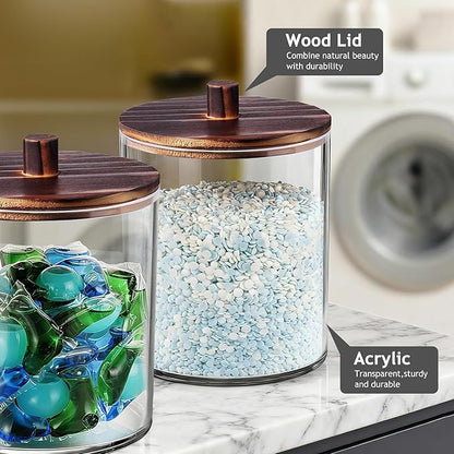 SheeChung 3 Pack 50 Oz Large Apothecary Jar with Wood Lid, Laundry Pods Container, Storage Jars for Bathroom Organization, Plastic Canisters with Cute Stickers Spoons(Dark Brown)