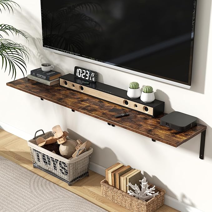 Fun Memories Rustic Brown 12 Inch Deep Floating Shelves Set of 2, Wall Mounted Shelf with Metal Brackets, Rustic Wood Wall Shelf for Bathroom, Kitchen and Living Room, Rustic Brown, 32W x 12D