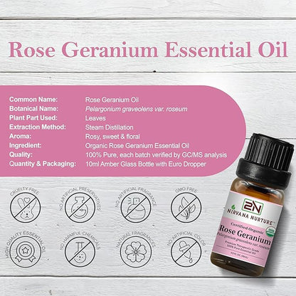 Rose Geranium Essential Oil USDA Certified Organic, 100% Pure Natural Premium Grade, Undiluted