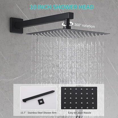 Matte Black Rain Shower System Combo: 10" Wall-Mounted Shower Fixtures with 2-in-1 Handheld Spray, Shower Valve with Body Jets, and Waterfall Spout Shower Faucet Set