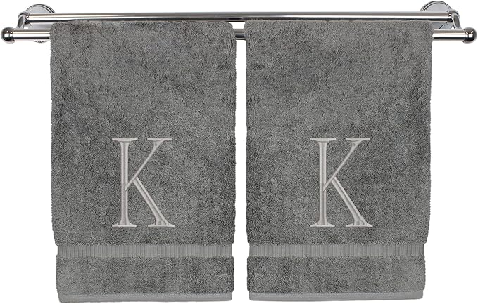 Monogrammed Hand Towel, Personalized Initial Gift, Extra Absorbent 100% Turkish Cotton - Soft Terry Finish - Set of 2 - Silver Block Initial K - Embroidered on Grey Towels