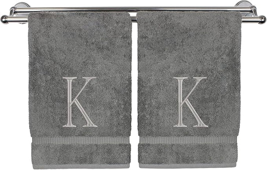 Monogrammed Hand Towel, Personalized Initial Gift, Extra Absorbent 100% Turkish Cotton - Soft Terry Finish - Set of 2 - Silver Block Initial K - Embroidered on Grey Towels