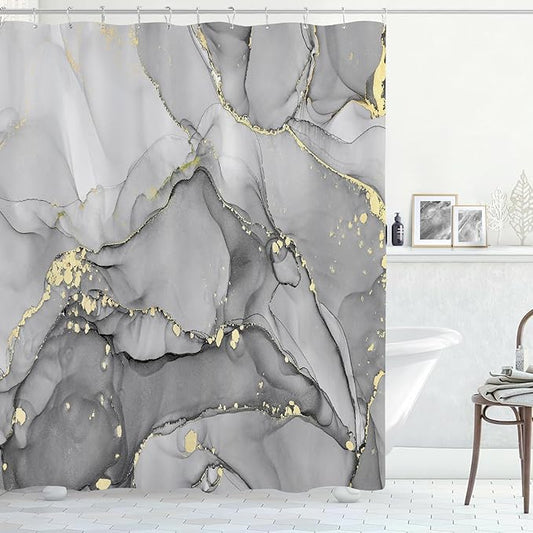 Long Shower Curtain 72 x 78 Inch, Tall Abstract Marble Shower Curtains for Bathroom Decor, Modern Luxury Art Decor Ink Texture Fabric Shower Curtain Set with Hooks, Grey