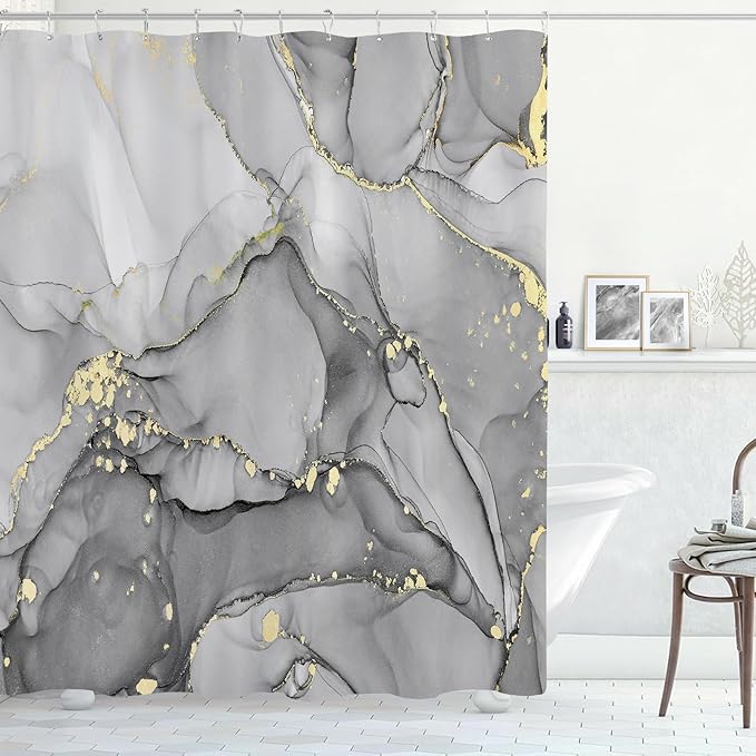 Extra Long Shower Curtain 72 x 96 Inch, Grey Floor to Ceiling X-Long Abstract Marble Shower Curtains for Bathroom, Modern Luxury Art Ink Fabric Shower Curtain Set with Hooks