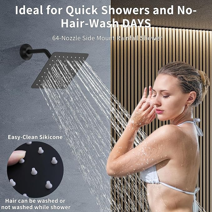 Bathroom Rainfall Shower System Wall Mount 8 Inch Shower Head With Handled Spray 6 Pcs jets Temperature Display Shower Faucet Set (Matte Black)