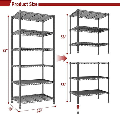 REIBII 72’’H Wire Shelving, 6 Tier Metal Shelving Units and Storage Shelves, Adjustable Garage Shelving for Storage Heavy Duty Shelving for Pantry Shelf Kitchen Garage, 24’’W X18’’D X72’’H