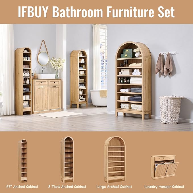 71" Tall Arched Bathroom Storage Cabinet, 7-Tier Modern Farmhouse Storage Cabinet with Adjustable Shelves, Wood Freestanding Cabinet for Bathroom, Living Room, Entryway, Hallway (Natural)