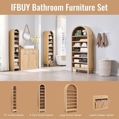 71" Tall Arched Bathroom Storage Cabinet, 7-Tier Modern Farmhouse Storage Cabinet with Adjustable Shelves, Wood Freestanding Cabinet for Bathroom, Living Room, Entryway, Hallway (Natural)
