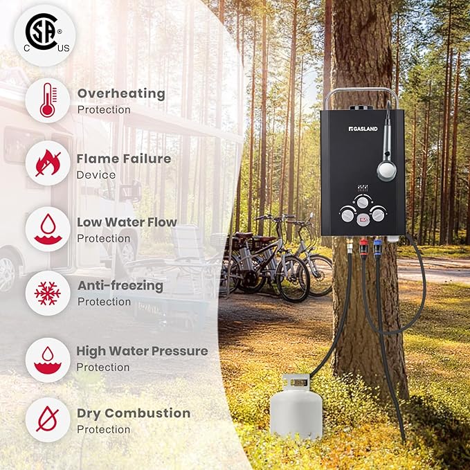 GASLAND BE158B CSA Certified Portable Tankless Water Heater – Features Digital Display & Multi-Protection, 1.58 GPM Propane Hot Water for Outdoor & Mobile Use – Black