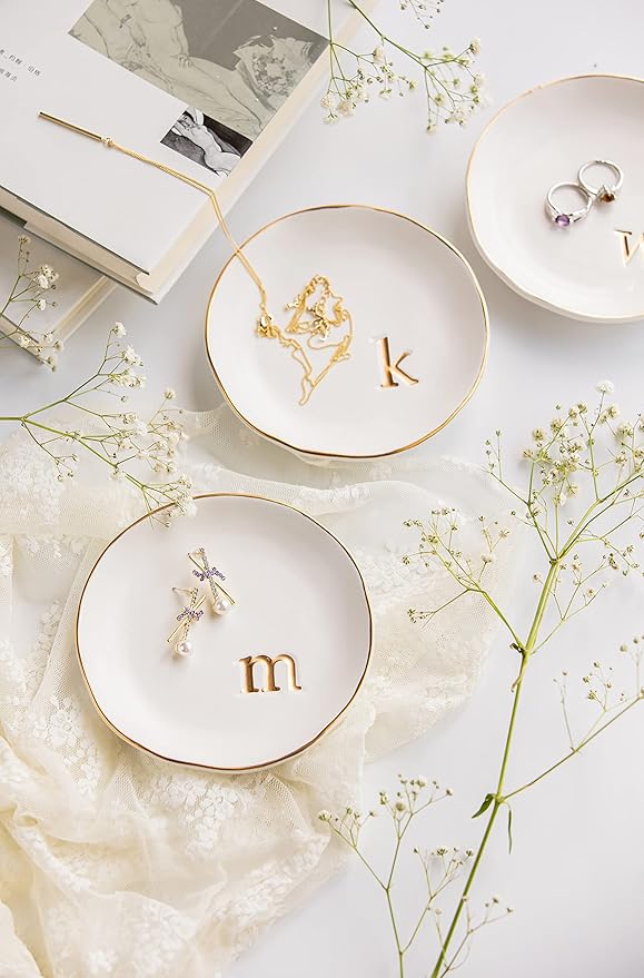 COLLECTIVE HOME - Ceramic Jewelry Tray, Decorative Trinket Dish for Rings Earrings Necklaces Bracelet Watch Keys, Birthday Mother's Day Christmas Gift for Women, 4.75", White Surface (L)