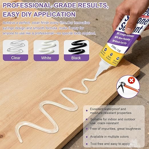 High-Strength Silicone Sealant & Adhesive - 100% Waterproof, Flexible Caulk for Kitchen, Bathroom, Shower, Window, Auto - Creates Durable, Shrink & Crack Resistant Seal 5 Oz. Tube. (Clear)