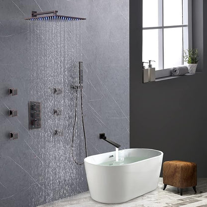 Thermostatic Shower System Oil Rubbed Bronze Tub Shower Faucet Set with Tub Spout and 12 Inch Wall Mounted LED Rainfall Full Body Shower Head, 6 PCS Body Jets, Handheld Shower
