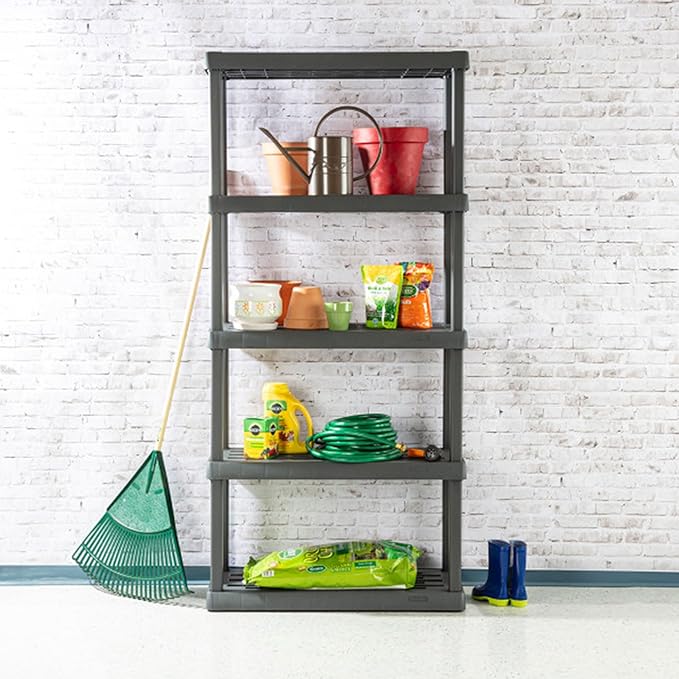 Sterilite 4-Pack 5 Shelf Unit, Heavy-Duty Shelving Storage Rack for Home and Garage, Gray - Multipurpose Plastic Organizer Shelves for Smart Organization