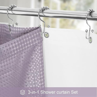 3 in 1 Extra Long Purple Shower Curtain Set-72 W x 84 H, Lavender Waffle and PEVA Liner Set with 12 Stainless Steel Hooks, Waterproof Fabric for Bathroom