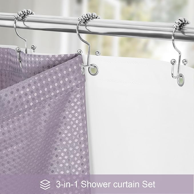 3 in 1 Long Purple Shower Curtain Set-72 W x 78 H, Lavender Waffle and PEVA Liner Set with 12 Stainless Steel Hooks, Waterproof Fabric for Bathroom