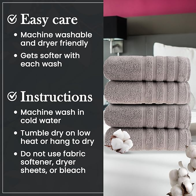 HALLEY Turkish 4 Pack Premium Bath Towels (4 Pieces) 650 GSM Highly Absorbent Super Soft 100% Cotton - 4 Bath Towels (Gray)