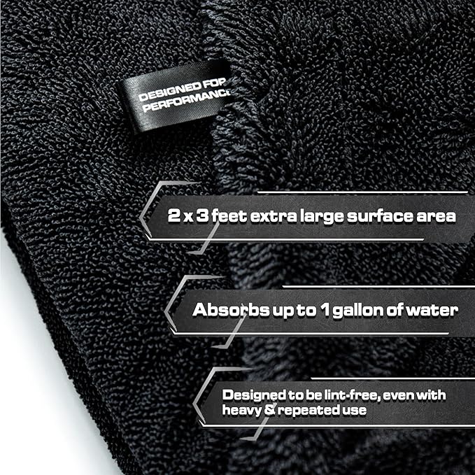 Blackline 24"x36" Twisted-Loop Car Drying Towel, 1300GSM, Streak Free, Lint Free, Reusable - Car Accessories, Microfiber Cleaning Cloth for Car, Truck, SUV - One Pass is All You Need