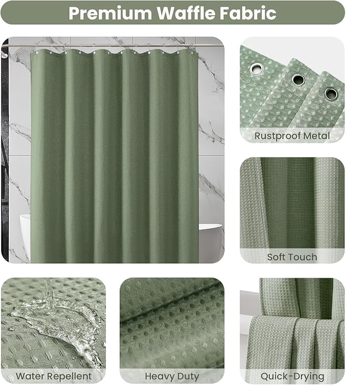 Inhousolu Fabric Shower Curtain Waffle Weave, Sage Green 230 GSM Heavy Duty, Weighted Hem, 14 Metal Hooks, Water Repellent, Machine Washable, Hotel Spa Luxury Bath Curtain Set, 72 x 78 Inch