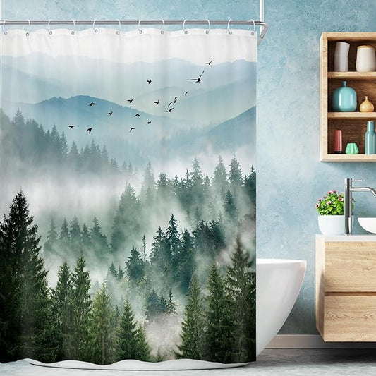 Riyidecor Green Mountain Shower Curtain，Stall Narrow Rv Small Nature Woods，Landscape Scenery Pine Tree Scenic Woodland Rustic Bathroom Decor，Fabric Polyester Waterproof 12 Pack Hooks 48Wx72H Inch