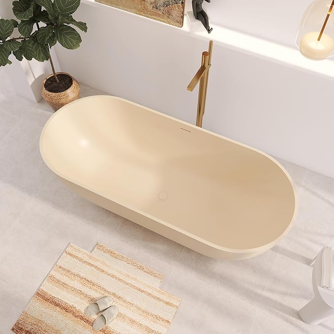 69" Premium Cream Stone Resin Solid Surface Free Standing Bathtub, Unique Matte Milk-Coffee Soaking Tub with Pop-up Drain
