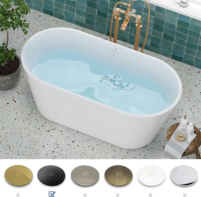 FerdY 59" Shangri-La Elite, Acrylic Freestanding Bathtub, Modern & Contemporary Design Soaking Tub with Matte Black Pop-Up Drain and Minimalist Design Overflow, Glossy White, cUPC Certified