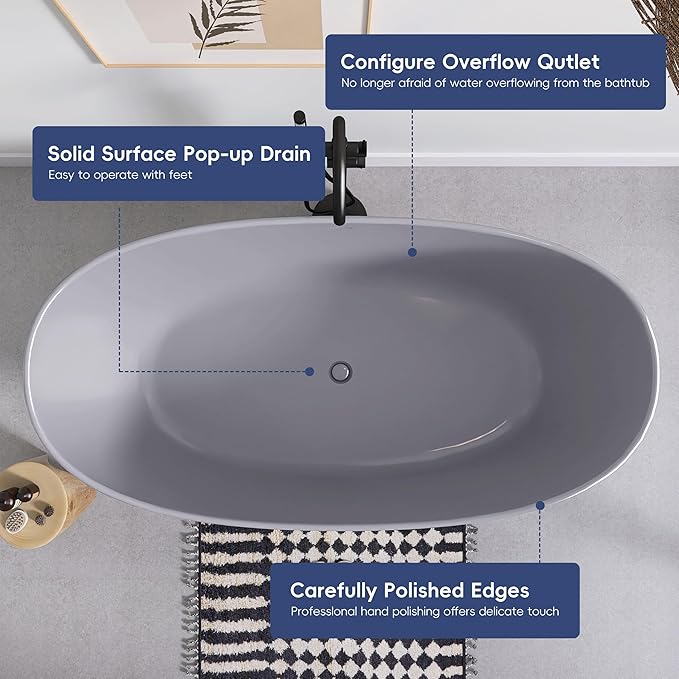 SJ STAR&JANE 65" Solid Surface Freestanding Bathtub Stone Resin Soaking Tub Light Gray Double Slippers Stand Alone Oval Tub with Pop-up Drain and Overflow for Bathroom