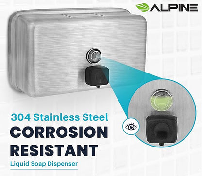 Alpine Commercial Wall-Mounted Soap Dispenser – Stainless Steel, Liquid, Manual Pump, ADA Compliant, 1200ml for High-Traffic Bathrooms (Horizontal)