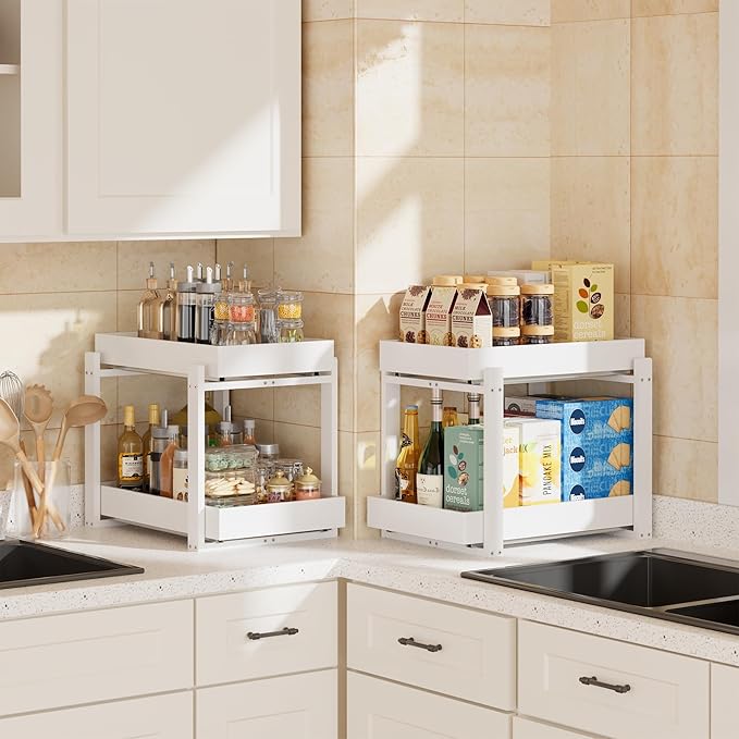 2 Pack Under Sink Organizer, Bamboo Wooden 2-Tier Pull-Out Storage with Sliding Drawers for Kitchen and Bathroom Cabinets, Easy Installation (White, 2 Packs)