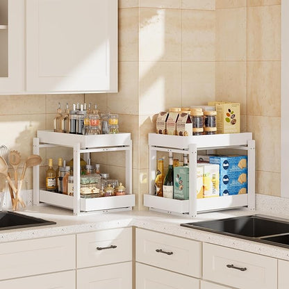2 Pack Under Sink Organizer, Bamboo Wooden 2-Tier Pull-Out Storage with Sliding Drawers for Kitchen and Bathroom Cabinets, Easy Installation (White, 2 Packs)