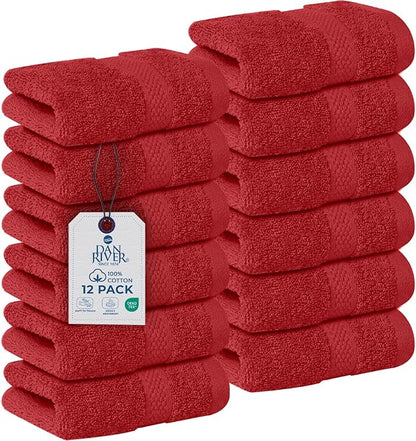 DAN RIVER 12-Pack Premium 100% Cotton RED Face Towels – Reusable Face Towel Set, Soft & Absorbent Small WashCloths for Bathroom & Body – Hand and Face Towels, 550 GSM (12x12 in)