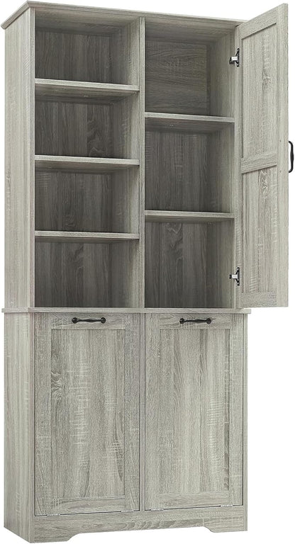 Favfurish 68" Tall Bathroom Storage Cabinet with Door and 2 Tilt-Out Laundry Hampers,Modern Linen Cabinets w/Open Shelf & Adjustable Shelves,Freestanding Organizer for Laundry Room,Kitchen,Oak