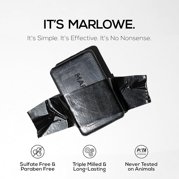 MARLOWE. No. 106 Charcoal Soap 7 oz, Body Bar Soap for Men, Cleansing, Purifying & Hydrating with Natural Extracts, Shea Butter, Olive Oil & Green Tea Extracts, Fresh Woodsy Scent