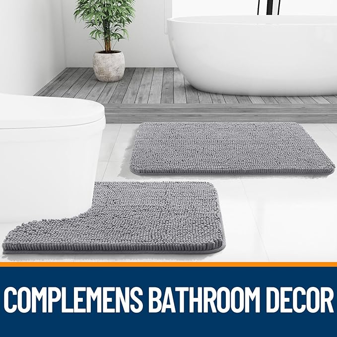 OLANLY Toilet Rugs U-Shaped 24x20, Extra Soft Absorbent Chenille Contour Bathroom Rugs for Toilet, Dry Quickly, Machine Washable, Non-Slip Bath Mat, Grey