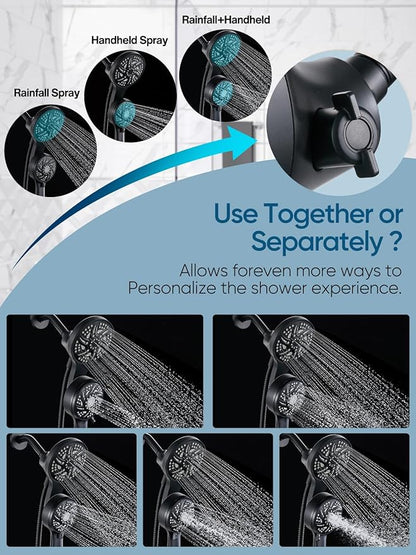 Cobbe High Pressure 3-Way Shower Head Combo, Hand Held Shower & Rain Shower Separately or Together, Dual 2 in 1 Showerhead with Stainless Steel Hose - Black