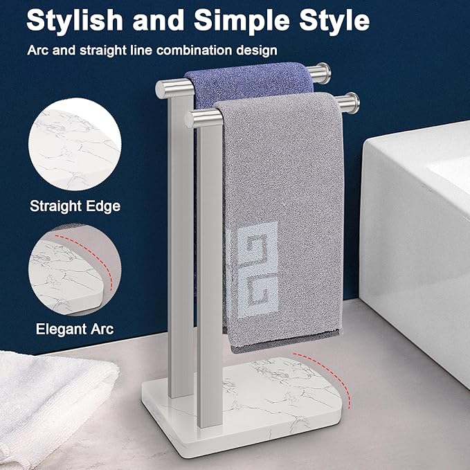 NearMoon Hand Towel Holder with Balanced Marble Base, SUS304 Stainless Steel Stand Towel Ring L Shape Hand Towel Rack Free-Standing Towel Bar for Bathroom Kitchen Countertop(Double Rod Brushed Nickel)