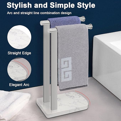 NearMoon Hand Towel Holder with Balanced Marble Base, SUS304 Stainless Steel Stand Towel Ring L Shape Hand Towel Rack Free-Standing Towel Bar for Bathroom Kitchen Countertop(Double Rod Brushed Nickel)