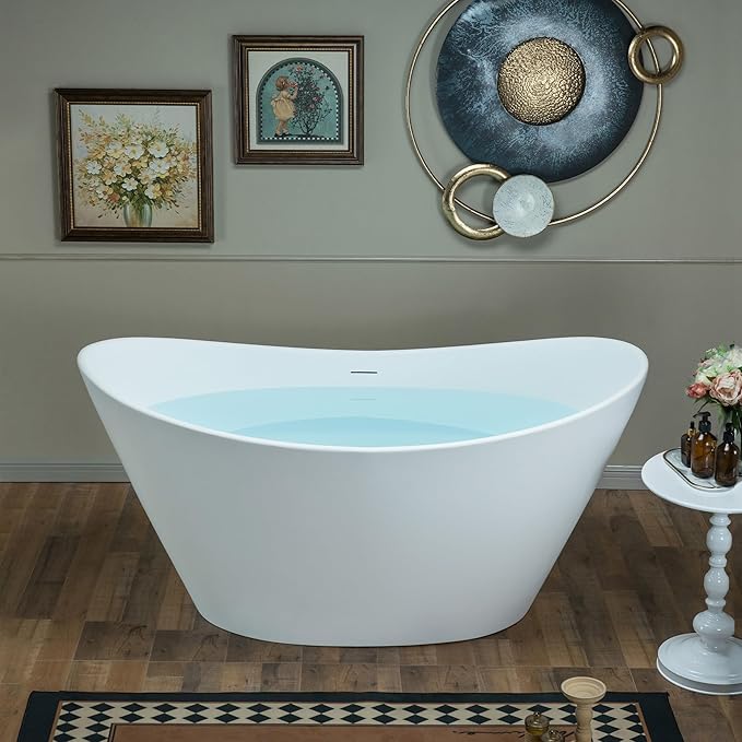 WOODBRIDGE 59 in. x 29.13 in. Stone Resin Luxury Contemporary Solid Surface Freestanding Bathtub in Matte White