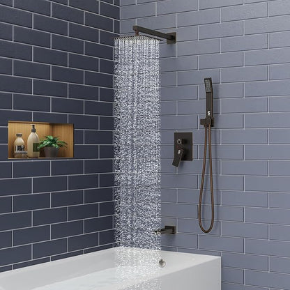 SR SUN RISE 8 Inches All Metal Bathtub Faucet Set Shower System with Tub Spout Square Rain Shower Head and Handheld Combo Shower Fixtues, Modern Valve and Trim Kit, Oil-Rubbed Bronze